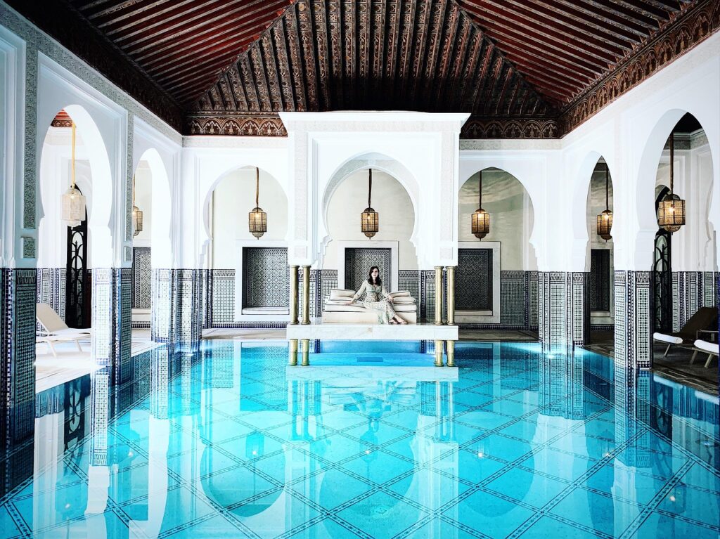 Luxury hotel in Morocco with a grand entrance and beautiful traditional design.
