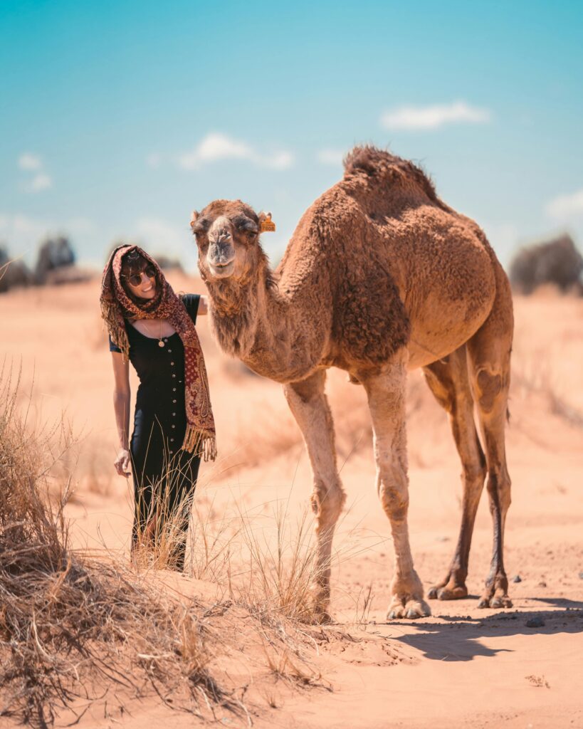 Backpacker traversant les dunes du Sahara au Maroc lors d'un voyage économique avec nuitée en bivouac